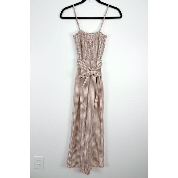 House of Harlow 1960 Linen Gingham Plaid Jumpsuit XS Smocked Cottagecore Trad - Picture 2 of 16